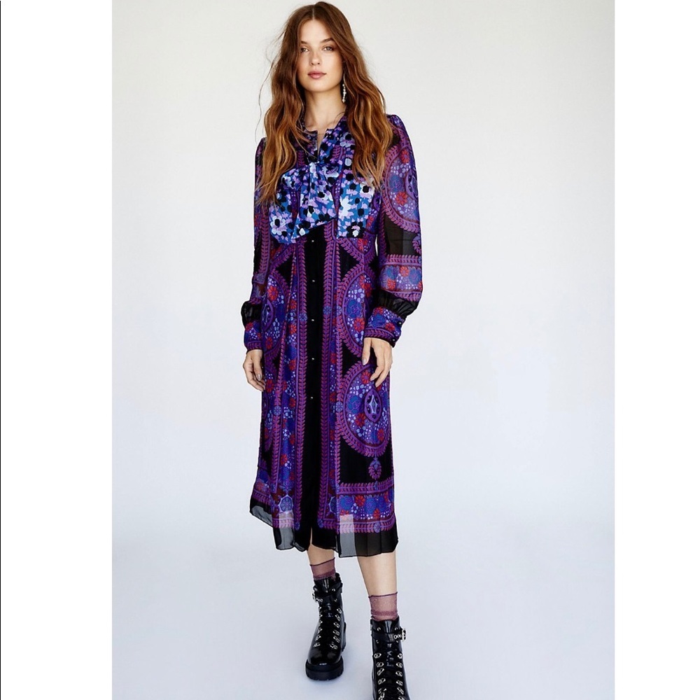 Anna Sui x Free People Midi Dress Rose Medallion Print Boho Chiffon Size 4 $774